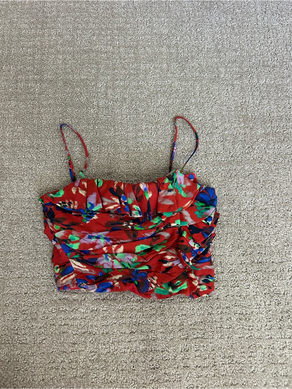 Zara Women's Red Floral Ruched Spaghetti Strap Crop Top Size XS
